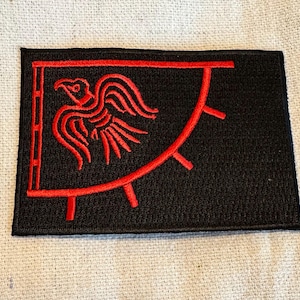 Viking Raven Banner Patch: Red/Black Embroidered Iron-On Applique