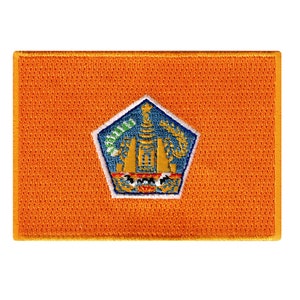 Op de afbeelding: Oranje rechthoekige patch met een gedetailleerd embleem in het midden. Het embleem heeft een blauwe en witte vijfhoekige vorm met een gouden structuur en groene en gouden accenten. De patch heeft een getextureerd oppervlak.