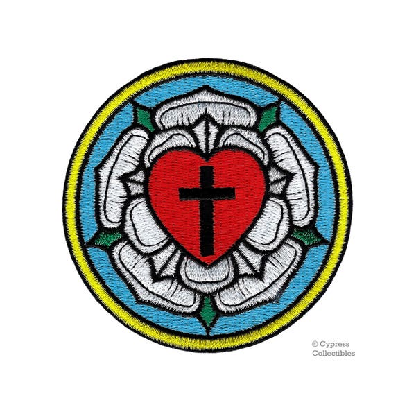 LUTHER ROSE PATCH Iron-On Embroidered Christian Cross Lutheran Church Heart Symbol Religious Biker Emblem applique