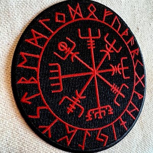 Viking Vegvisir Compass Iron-On Patch - Embroidered Norse Rune Red Emblem