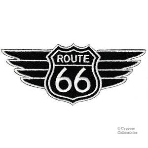 ROUTE 66 WINGS PATCH iron-on embroidered applique Road Sign Historic Highway Emblem biker Black