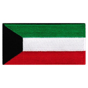 May include: A rectangular embroidered patch with the flag of Kuwait. The flag is green, white, and red with a black triangle in the upper left corner.