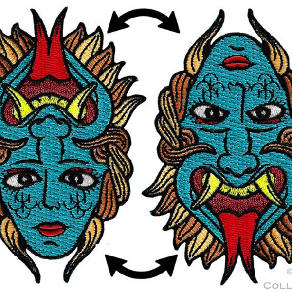 FLIP FACE PATCH Embroidered Iron-On applique Demon Girl Optical Illusion Tattoo Devil Evil Emblem
