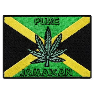 May include: A green, yellow, and black embroidered patch with a marijuana leaf in the center. The words "PURE JAMAICAN" are embroidered on the patch.