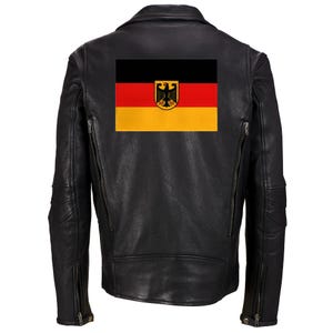 May include: Black leather jacket with a German flag patch on the back.