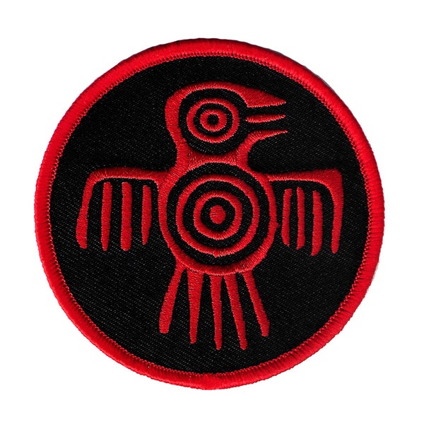 AZTEC SPIRIT BIRD iron-on patch embroidered Mayan Symbol for Strength and Power Emblem Red on Black