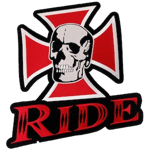 May include: A red and white iron cross with a white skull in the center. The words "RIDE" are below the cross in red and black lettering.