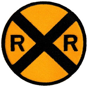 Parche de cruce de ferrocarril, aplique termoadhesivo bordado, señal de tráfico, tren RR XING, señal de tráfico redonda