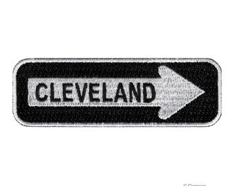 CLEVELAND ROAD SIGN patch embroidered iron-on applique One Way Highway Traffic Sign Road Emblem Biker Symbol Arrow Ohio