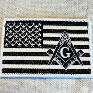 FREEMASON MASONIC USA Flag Patch iron-on embroidered applique Mason Compass Square American Black White