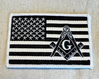 FREEMASON MASONIC USA Flag Patch iron-on embroidered applique Mason Compass Square American Black White