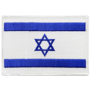 May include: A white embroidered patch with a blue Star of David and two blue stripes. The patch has a white stitched border.