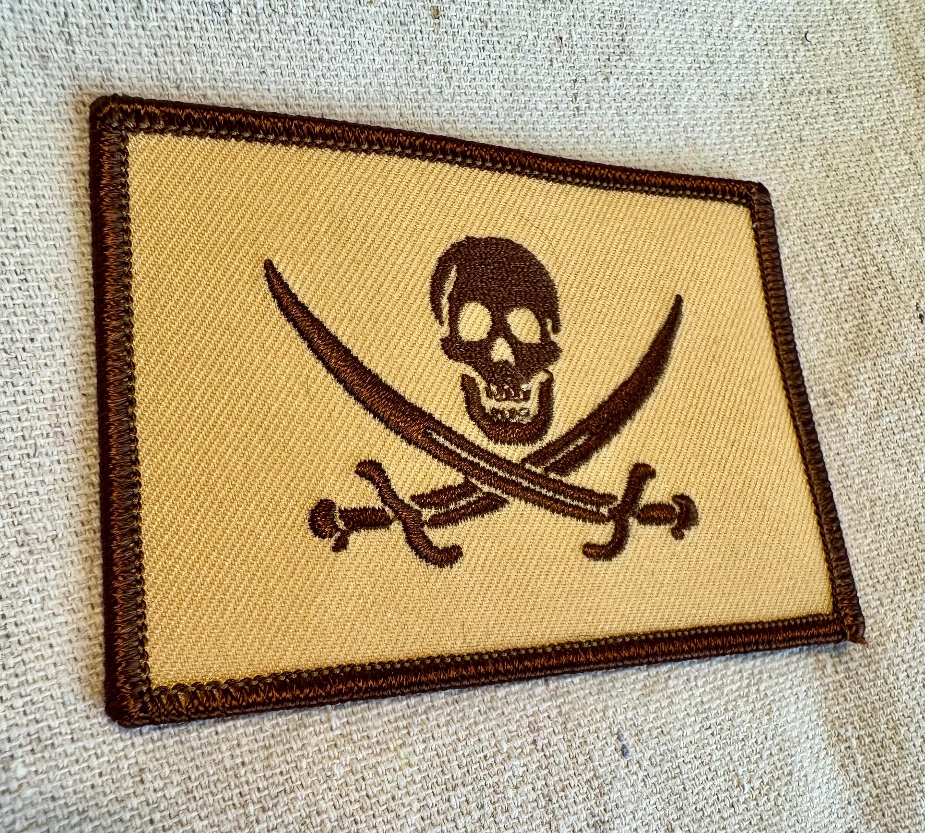 Tan Calico Jack Pirate Flag Patch: Embroidered Jolly Roger Skull