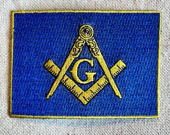 Naszywka z logo wolnomularza, haftowana, z flagą, kompasem i kwadratem, do prasowania