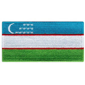 May include: An embroidered patch of the flag of Uzbekistan. The flag is blue, white, and green with a crescent moon and stars in the blue section.