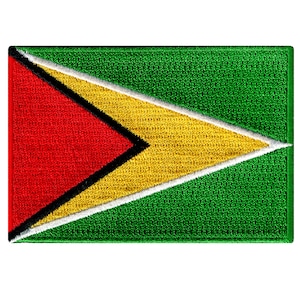 May include: A green, gold, and red embroidered patch with a black triangle in the center. The patch is the flag of Guyana.