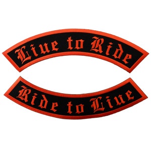May include: Two black and orange embroidered patches with the text "Live to Ride" and "Ride to Live" in a gothic font.