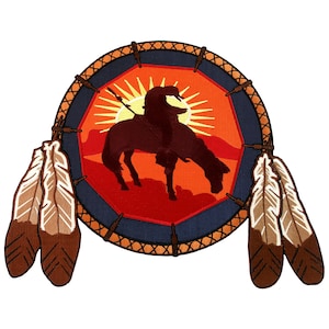 May include: A brown and orange embroidered patch depicting a Native American riding a horse with a setting sun in the background. The patch is surrounded by a brown and white beaded border and two brown and white feathers.