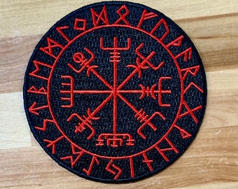 ICELANDIC COMPASS iron-on patch embroidered Norway Historical Viking Navy Iceland Vegvisir Emblem Black Red