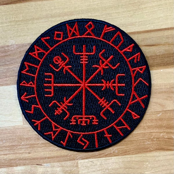 ICELANDIC COMPASS iron-on patch embroidered Norway Historical Viking Navy Iceland Vegvisir Emblem Black Red