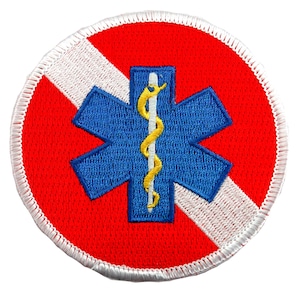 May include: A red and white round embroidered patch with a blue star of life and a yellow caduceus in the center. The patch has a white border.