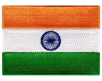 May include: An embroidered patch of the Indian flag. The flag is rectangular and features three horizontal stripes: saffron at the top, white in the middle, and green at the bottom. The white stripe has a blue wheel in the centre.