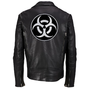 Large BIOHAZARD SYMBOL PATCH iron-on embroidered zombie warning sign Black White applique
