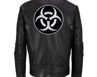 Large BIOHAZARD SYMBOL PATCH iron-on embroidered zombie warning sign Black White applique