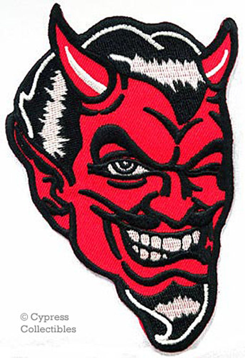 RED DEVIL PATCH iron-on embroidered applique 666 skull evil devil symbol biker Satan image 1