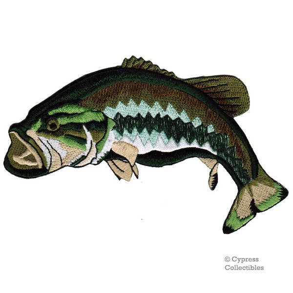 BASS FISH PATCH iron-on embroidered fishing applique, incredible detail
