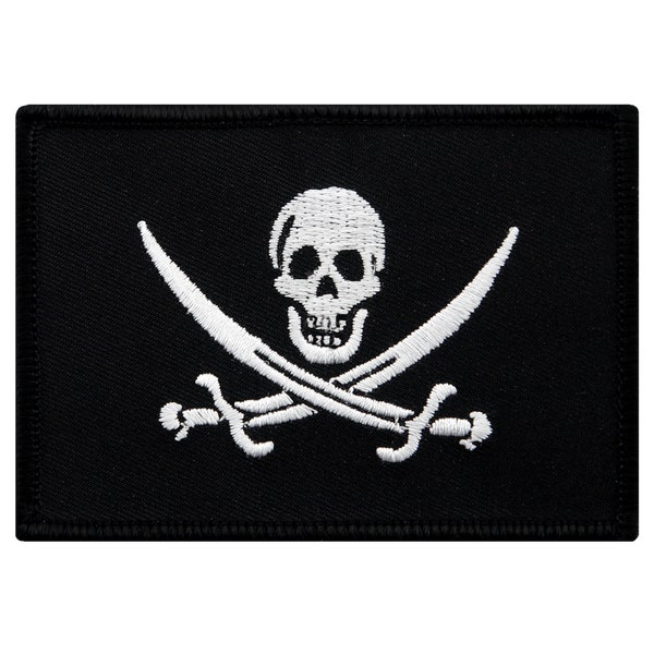 JOLLY ROGER PIRATE flag patch iron-on embroidered applique Skull Crossbones Calico Jack Black White Biker