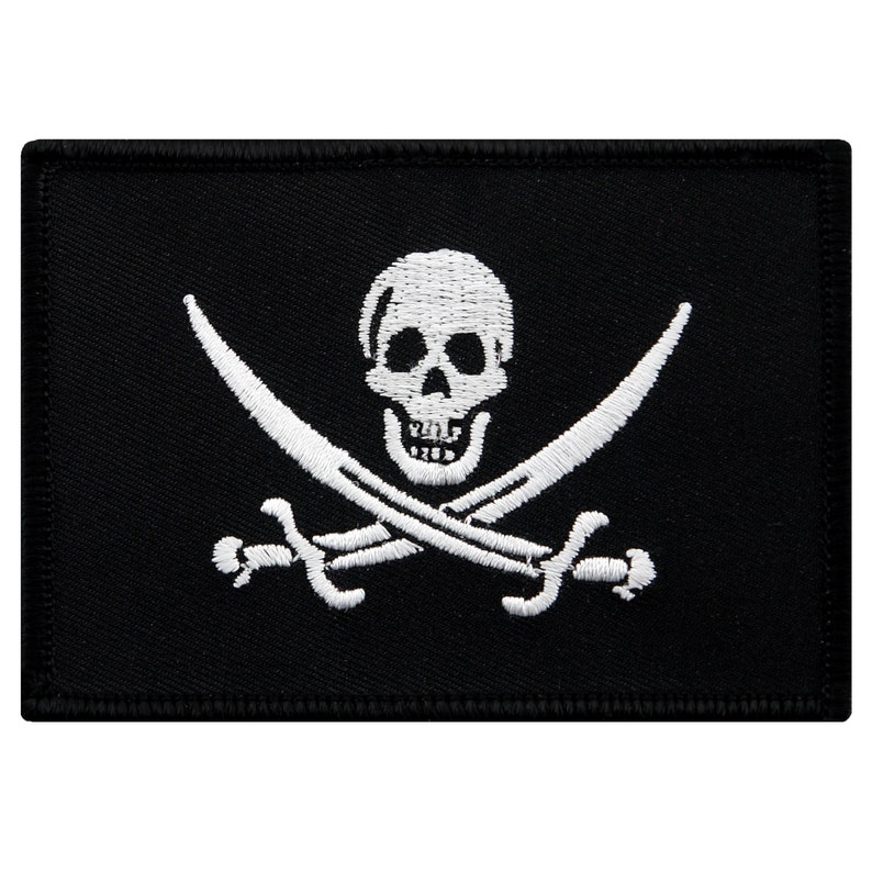 JOLLY ROGER PIRATE flag patch iron-on embroidered applique Skull Crossbones Calico Jack Black White Biker image 1