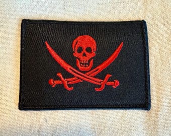 Red Calico Jack Pirate Flag Patch: Embroidered Jolly Roger Skull & Crossbones
