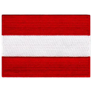May include: A red and white fabric patch with the flag of Austria. The flag has three horizontal stripes, two red and one white.