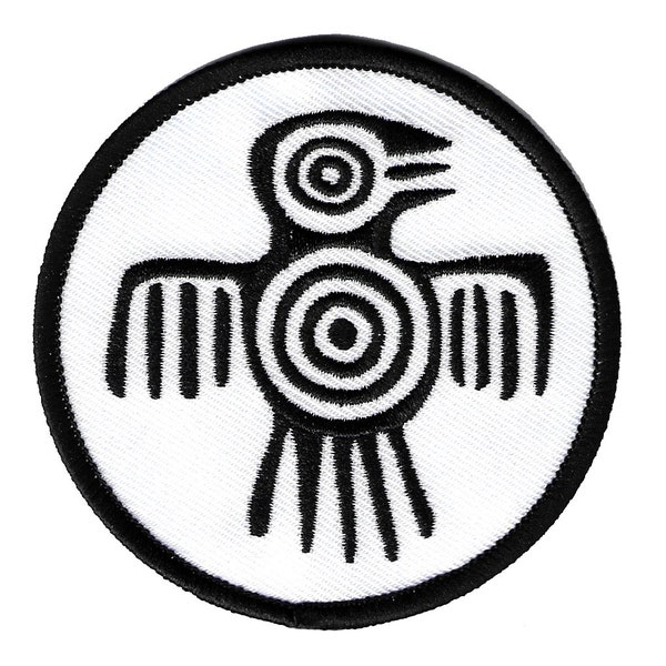 AZTEC SPIRIT BIRD iron-on patch embroidered Mayan Symbol for Strength and Power Emblem Black on White