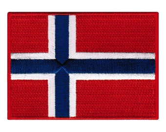 Może przedstawiać: Naszywka haftowana z flagą Norwegii w kolorach czerwonym, białym i niebieskim.