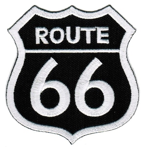 ROUTE 66 BLACK PATCH iron-on embroidered applique Road Sign Historic Highway Emblem biker