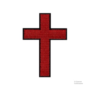 May include: Red embroidered cross patch with a black outline.