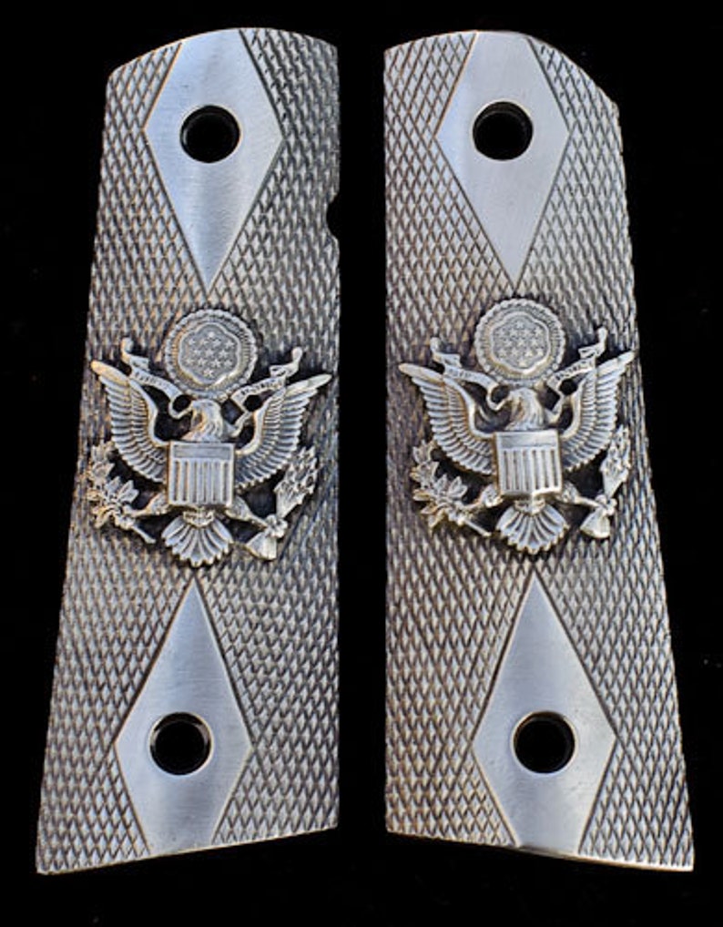 PEWTER 1911 GUN Grips Engraved US Eagle Checkered Design Etsy