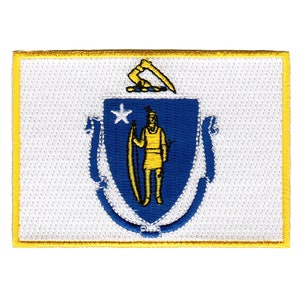 May include: An embroidered patch featuring the state flag of Massachusetts. The patch is white with a blue shield in the center. The shield features a gold star, a gold figure of a Native American holding a bow and arrow, and a gold inscription. The patch is surrounded by a yellow border.