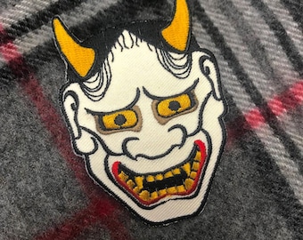 HANNYA MASK PATCH Embroidered Iron-On applique Japanese Kabuki Noh Tattoo Devil Evil Irezumi Horimono Emblem