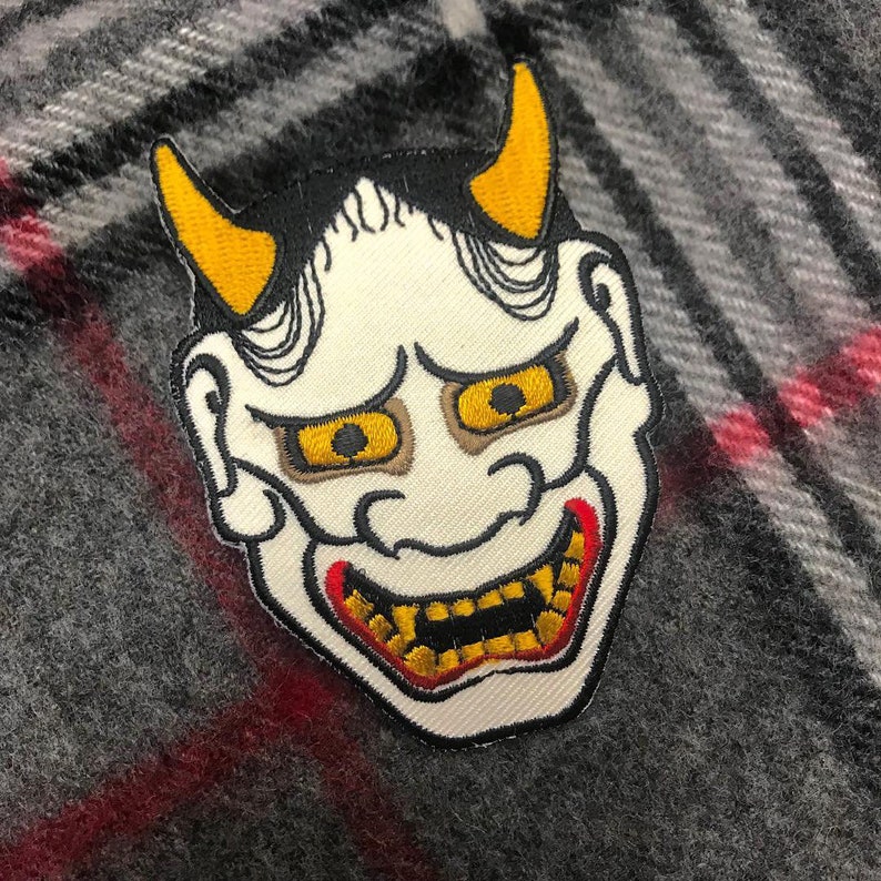Hannya Mask Patch: Embroidered Japanese Kabuki Devil Applique image 1
