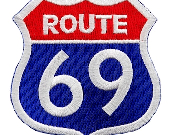 Route 69 Parody Patch: Embroidered Iron-On Applique, Funny Biker Emblem