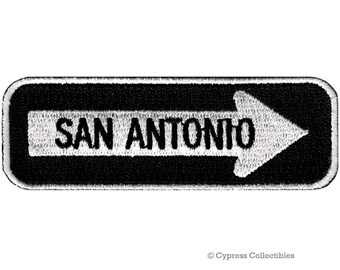 San ANTONIO ROAD SIGN patch embroidered iron-on applique One Way Highway Traffic Sign Road Emblem Biker Symbol Arrow Texas