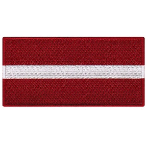 May include: A red and white embroidered patch featuring the flag of Latvia. The flag is a horizontal triband with a wide red band at the top and bottom and a narrow white band in the middle.