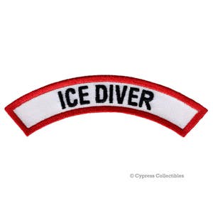 May include: Red and white embroidered patch with the text "ICE DIVER" in black lettering.