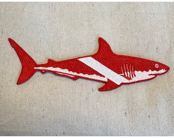 SCUBA DIVING Great White SHARK Patch iron-on embroidered applique Diver Down Flag Emblem