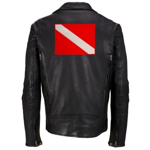 May include: Black leather jacket with a red and white scuba diver flag patch on the back.