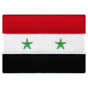 May include: A rectangular patch featuring the flag of Syria. The flag is red, white and black with two green five-pointed stars in the centre white stripe.