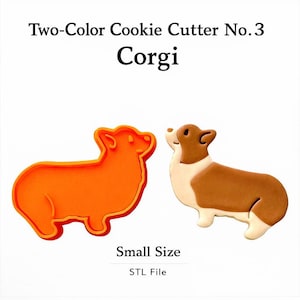 Puede incluir: Un cortador de galletas corgi naranja junto a una galleta con forma de corgi con detalles marrones y blancos. El texto dice "Two-Color Cookie Cutter No.3 Corgi" y "Small Size".
